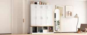 English Elm Wood Entryway Hall Tree with Bench Seating Coat Hooks Shoe Cubbies Cabinet White W5271S00004