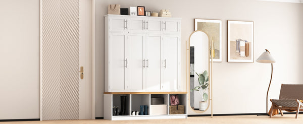 English Elm Wood Entryway Hall Tree with Bench Seating Coat Hooks Shoe Cubbies Cabinet White W5271S00004