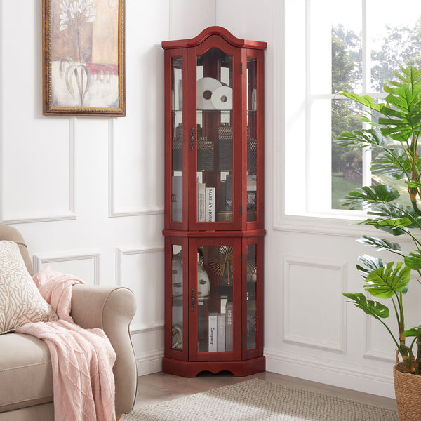 English Elm Lighted Corner Curio Cabinet - Elegant Cherry Display Case With Adjustable Shelves & Integrated Lighting W1758P294650