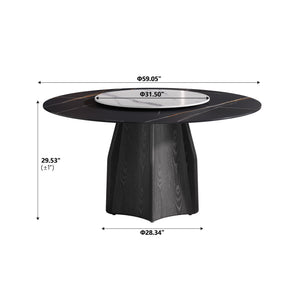 English Elm 59.05" Round Marble Dining Table With Black Wood Base, Turntable & Seating For 6-8, Modern Elegance W1535S00383