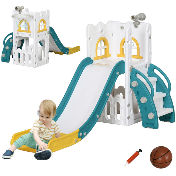 English Elm Qaba Toddler Indoor Playset with Slide Climber Basketball Hoop Telescope Storage W2225P217348