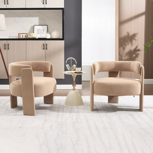 English Elm Accent Chair Velvet Upholstered Mid Century Modern Seat with Tapered Wood Legs for Any Room Khaki W3244P417179