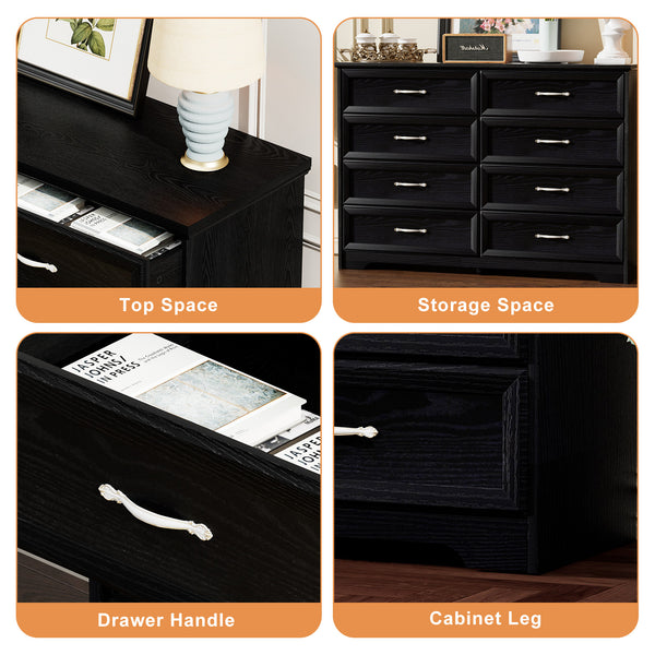 English Elm Modern Elegant Chest of Drawers with Antique Gold Knobs, 8-Drawer Durable Clothes Organizer, Waterproof Finish Black W1668P182256