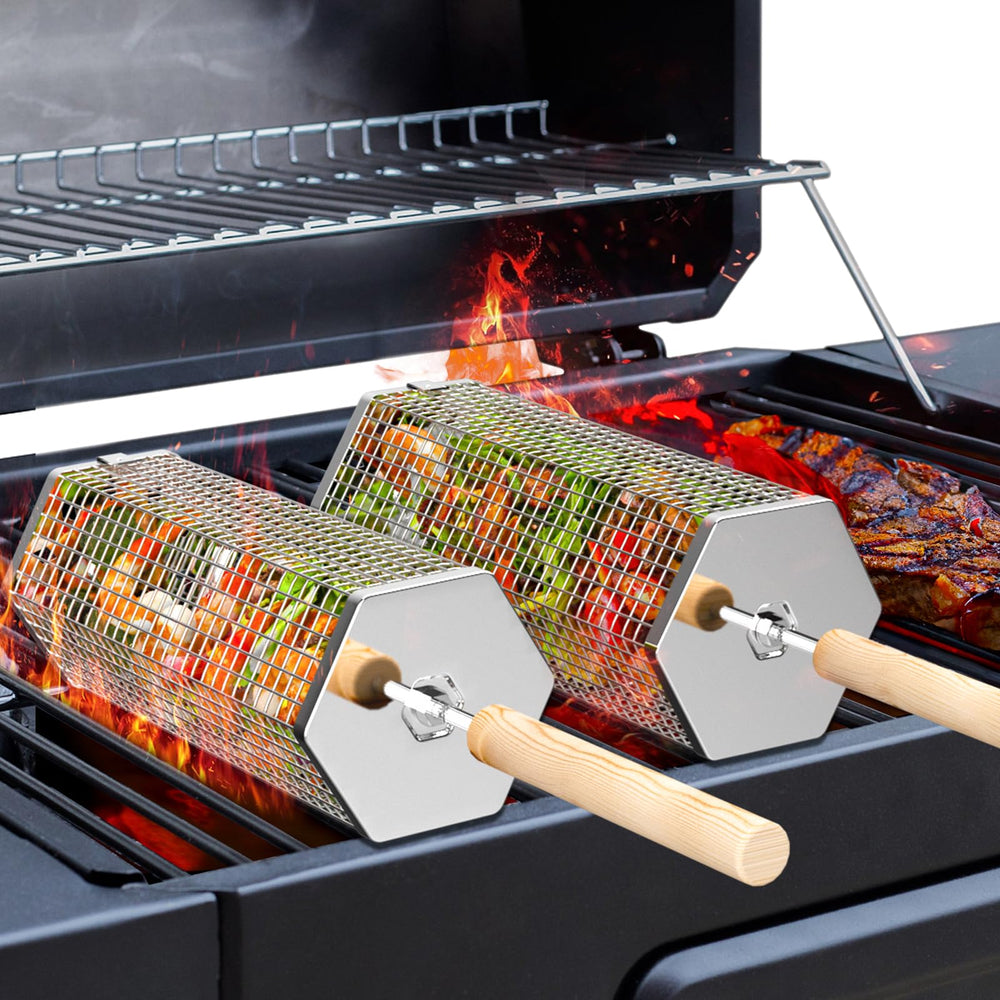 English Elm Stainless Steel Mesh Rolling Grill Basket with Detachable Wooden Handle Outdoor W2181P480510