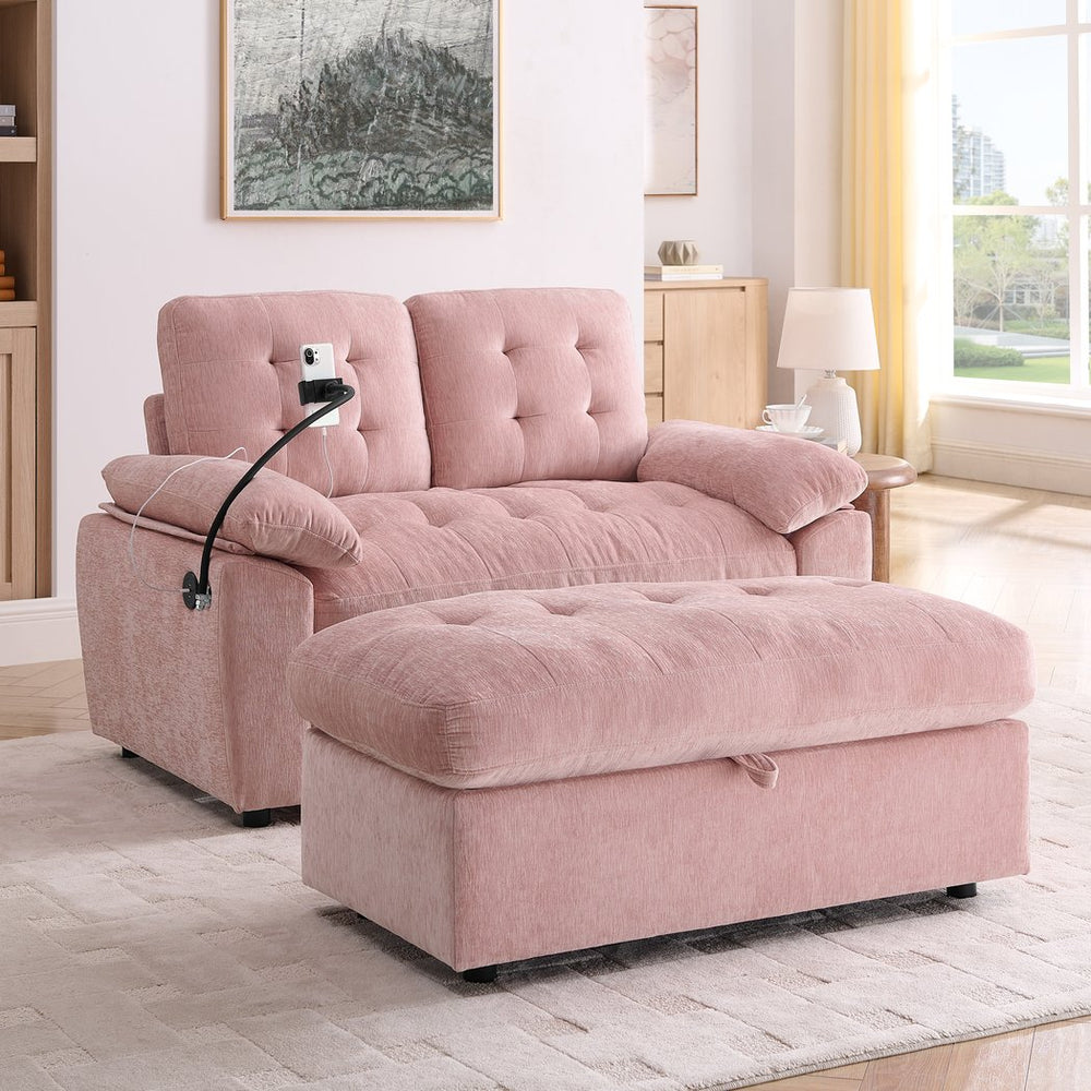 English Elm Leisure Chenille Two Seat Reclining Sofa with Usb Port Storage Ottoman Padded Armrests Pink W487S00519