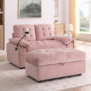 English Elm Leisure Chenille Two Seat Reclining Sofa with Usb Port Storage Ottoman Padded Armrests Pink W487S00519