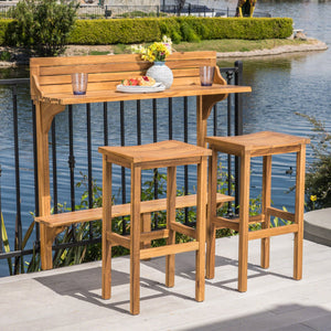 English Elm 3-piece Acacia Balcony Bar Set Railing Mount with Shelf and Two Stools Outdoor 62980.00