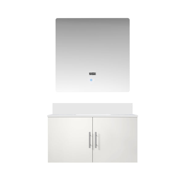 English Elm Glossy White Bath Vanity Set With Cultured Marble Top & 36 In. Led Mirror For Modern Bathrooms B2731S00763