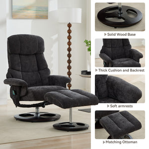 English Elm 010-Recliner Modern Dark Grey Chenille Swivel Lounge with Ottoman, Heated Seat, 5-Point Vibe Massage, 140° Recline, 250lb Capacity W2636P358627