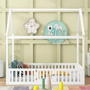 English Elm Full Full Size Wood House Bed with Roof, Fence & Working Door in Washed White Pine — Cozy Play Loft Retreat for Kids (78.1" L x 55.8" W x 77.2" H) WF531502AAK