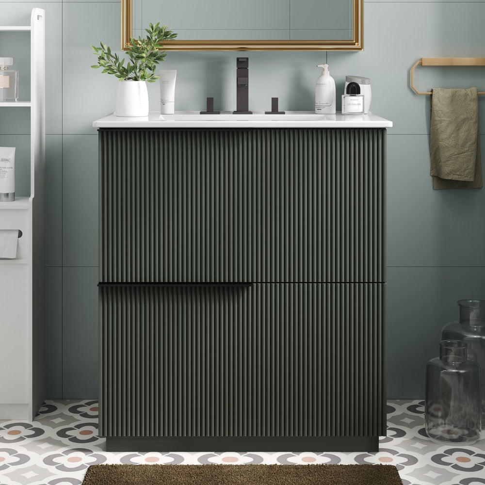 English Elm Christopher Knight Home® - 30" Bathroom Vanity With Elegant Ceramic Sink, Soft-Close Drawers & Fluted Green Design For Modern Spaces N817P295760G