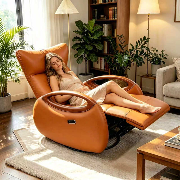 English Elm Power Reclining Swivel Chair Eco Leather Oak Armrests 260 Degree Lounge Seating Orange W3795P502502