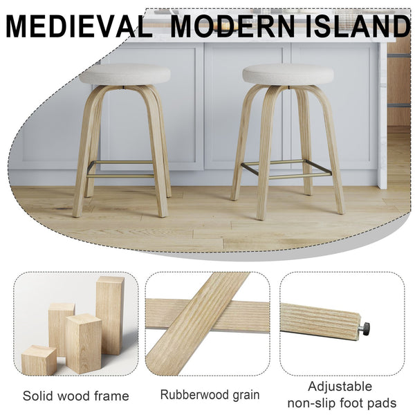 English Elm Swivel Backless Counter Stools Set of 2 with Fabric Seat Bentwood Legs Mid-century Modern Beige W3107P446979