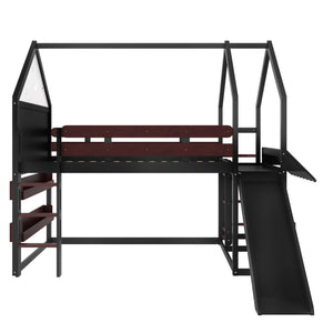 English Elm Full Size Pine Loft Bed House Frame with Slide Bookshelves and Moon Star Rails W1580S00314