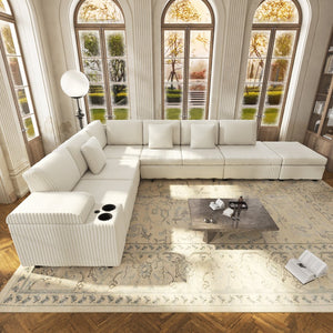 English Elm 110.2" Corduroy Sectional Sleeper Sofa with Ottoman Usb Ports Storage Armrests Living Room Beige W3219S00013