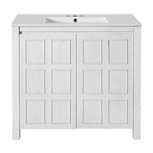 English Elm 36" Bathroom Vanity Organizer with Ceramic Sink, Solid Wood Distressed Finish, Hand-Painted Charm and Ample Storage Antique White N729P255666K