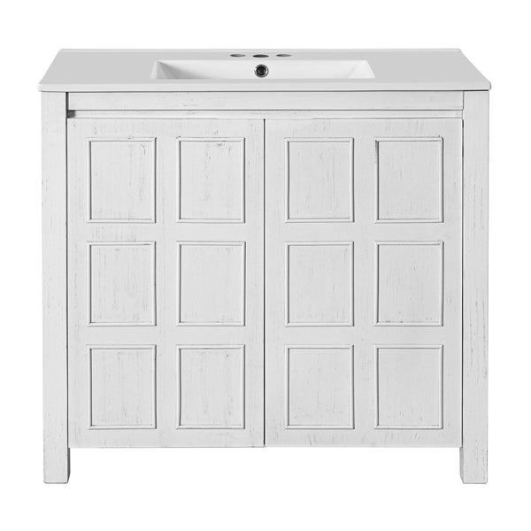 English Elm 36" Bathroom Vanity Organizer with Ceramic Sink, Solid Wood Distressed Finish, Hand-Painted Charm and Ample Storage Antique White N729P255666K