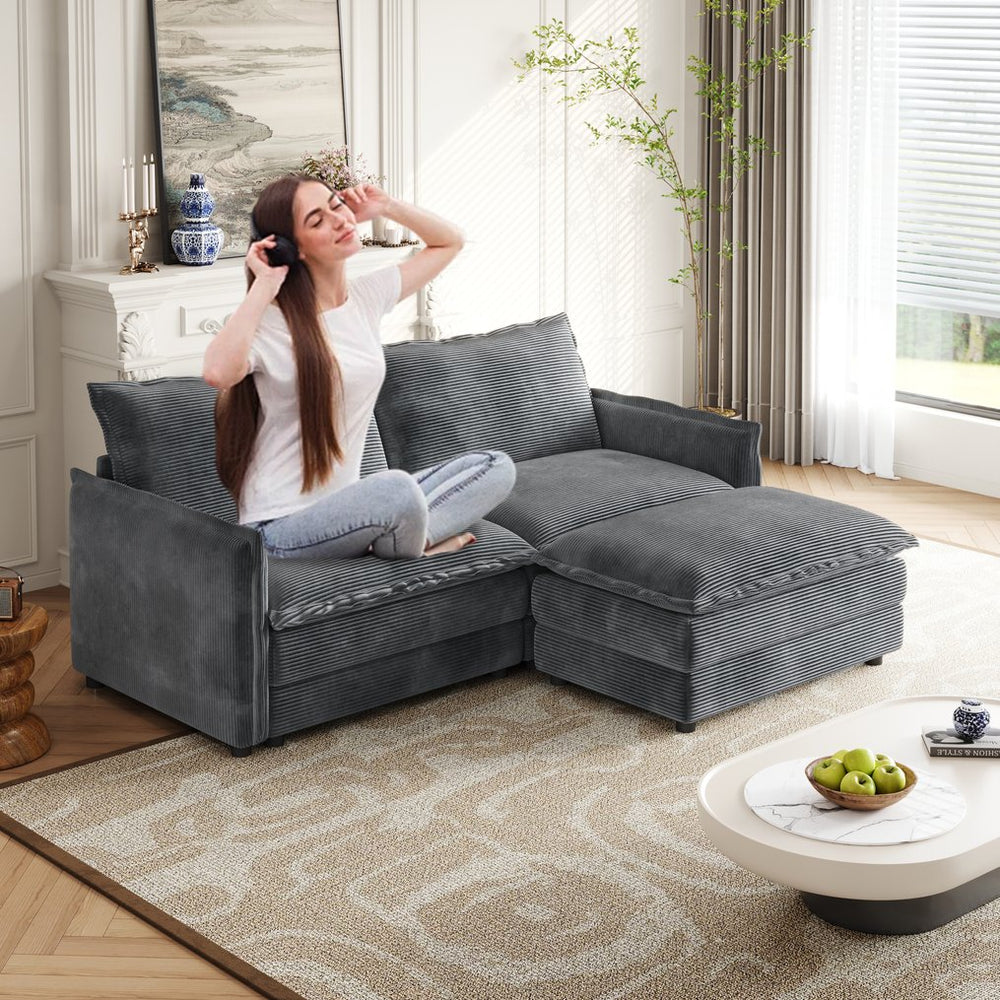 English Elm Corduroy 2-Seater L-Shaped Loveseat Sofa With Ottoman - Cozy, Modular Design For Any Space W834S00416
