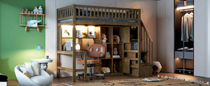 English Elm Wood Twin Loft Bed with Built-In L-Desk, LED Lighting, Staircase Storage, Shelves & Cabinets Walnut N7090000470D