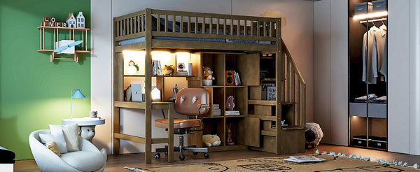 English Elm Wood Twin Loft Bed with Built-In L-Desk, LED Lighting, Staircase Storage, Shelves & Cabinets Walnut N7090000470D