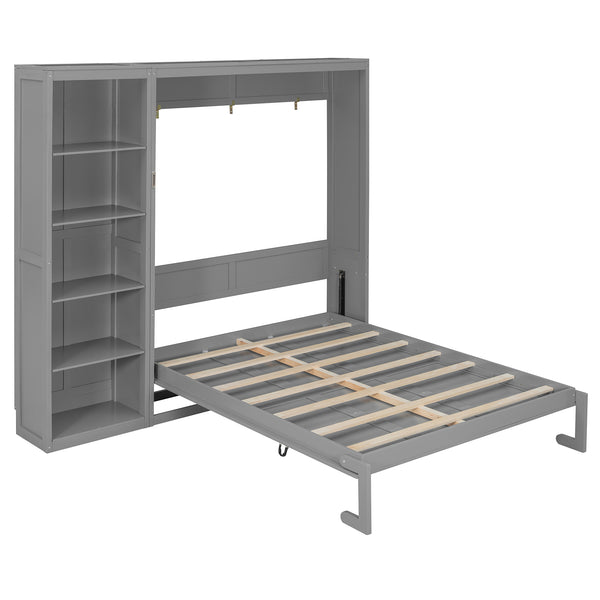 English Elm Queen Murphy Wall Bed with Side Shelving Folds Flush Into Mdf Cabinet for Studio Rooms Gray LP000697AAE-2