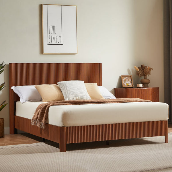 English Elm Queen Walnut Platform Bed Sculptural Corrugated Headboard No Box Spring Required W1820P414053