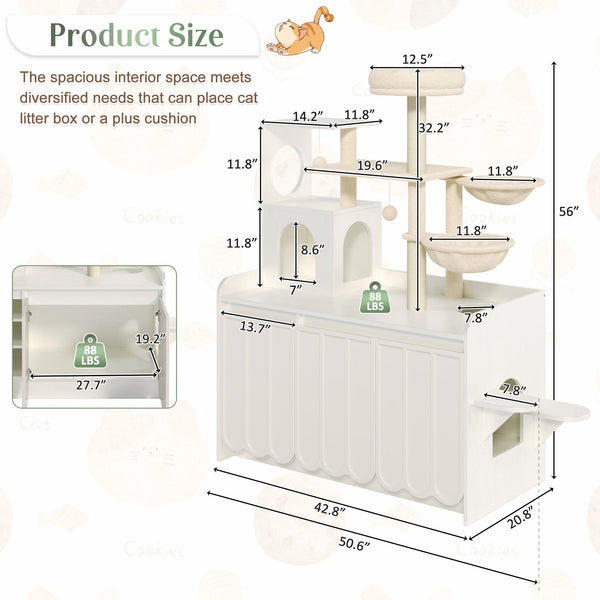 English Elm 50.6" Modern White Cat Tower with Litter Enclosure Sisal Posts Hammock and Perch N704P443505K