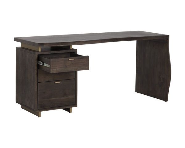 Sunpan Lewis Desk - Stunning Live Edge Design with Solid Acacia Wood, Brass Accents, and Three Drawers Dark Brown
