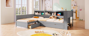 English Elm Wood Twin L-shaped Platform Bed Trundle Shelves Charging Station Kids Room Grey N7090001045E-1