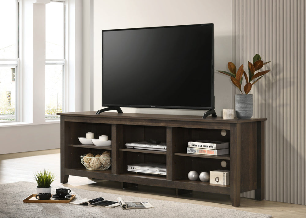 English Elm Tropea 58 Inch Open Shelf Media Console with Oak Finish and Cord Management B2749P413244