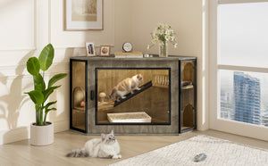 English Elm 48" Corner Mdf Cat Litter Enclosure Cabinet with Led Acrylic Door and Play Loft Grey N704P402446E
