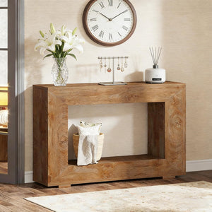 English Elm Entryway Console Table with Sculptural Stacked Wood Panels and Open Arc Base T3971P451449