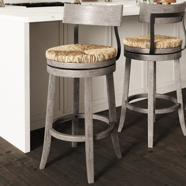 English Elm 31" Reclaimed Wood Barstool Woven Seagrass Seat Swivel Return for Kitchen Islands Gray B2751P436447