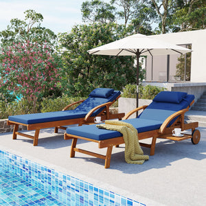 English Elm U_style Acacia Wood Outdoor Chaise Lounge Set with Cushions Adjustable Reclining Backrest Navy Blue WY000482AAC