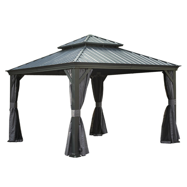 English Elm 12' X 12' Hardtop Gazebo with Drainage System, Dual-Layer Galvanized Roof, Curtains & Mosquito Netting Grey W1859S00139