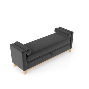 English Elm 66 Inch Sherpa Upholstered Storage Bench with Fluted Wood Base and Bolster Pillows Black+Neutral W1658P446125