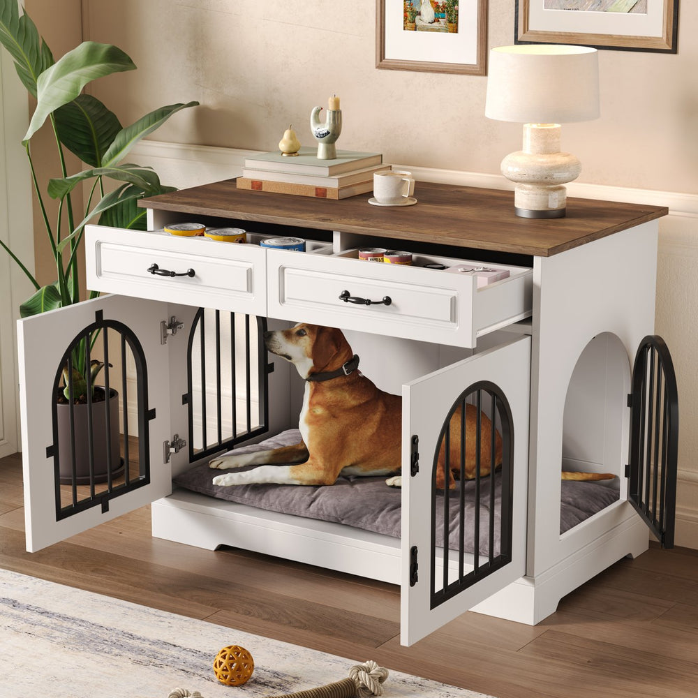 English Elm 43.3" Farmhouse Mdf Dog Crate Console with Drawers and Rotating Bowls for Large Breeds N704P414598A