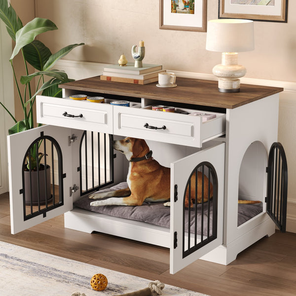 English Elm 43.3" Farmhouse Mdf Dog Crate Console with Drawers and Rotating Bowls for Large Breeds N704P414598A