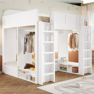 English Elm Triple Bunk Bed Wood Frame with Built in Shelves Hooks for Shared Kids Rooms White N7090004027K