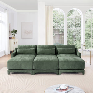 English Elm Three-Seater Sofa Set With 3 Movable Ottomans, Ergonomic Design, Chenille Fabric, Green Comfort W714S01219-GIGA