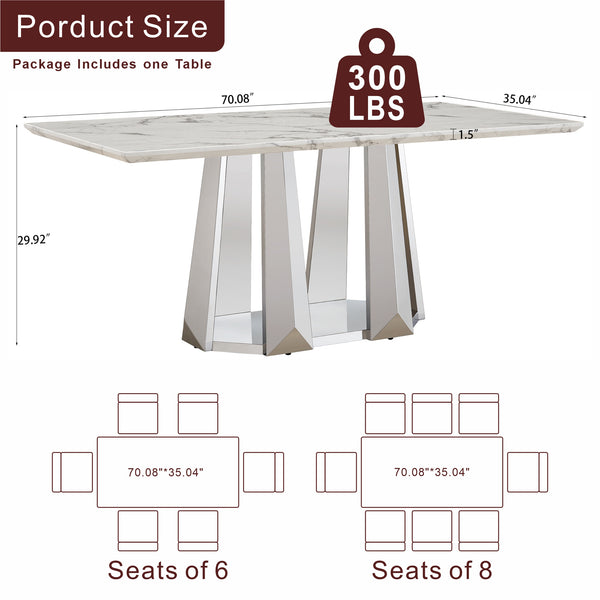 English Elm Marble Dining Table For 6-8, 70'' Modern Rectangle Faux Marble With Mirrored Stainless Steel Base W3456S00038