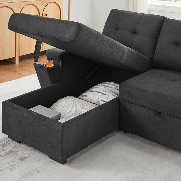 English Elm Toby Woven Fabric Sleeper Sectional with Storage Chaise Usb Ports and Coil Support Black B061S00955