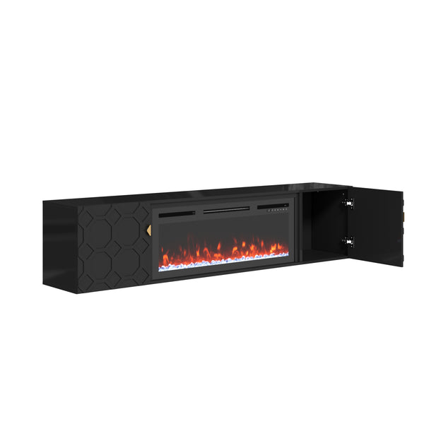 English Elm 67 in. Black Media TV Stand with High Gloss Honeycomb Doors, Gold Handles, Modern Storage Elegance T3609P347458