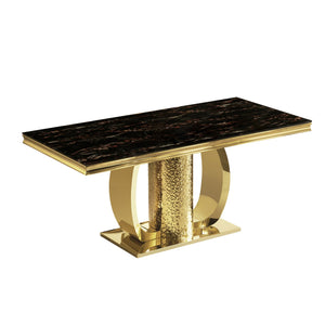 English Elm Gold Stainless Steel Dining Table With Sleek Black Tempered Glass Top - Modern Elegance & Durability W2723S00046