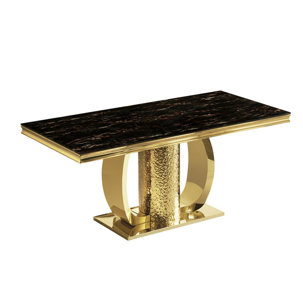 English Elm Gold Stainless Steel Dining Table With Sleek Black Tempered Glass Top - Modern Elegance & Durability W2723S00046