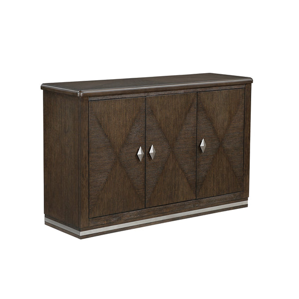 English Elm Modern Brown Wire-Brushed Server with 3 Cabinets, Adjustable Shelves, Nickel Diamond Handles & Metallic Base B011P372230