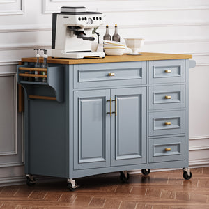 English Elm K&K 52" Kitchen Island with Embossed Farmhouse Texture, Drop Leaf, Spice & Towel Racks, Wheels Blue+Grey N707P195393G