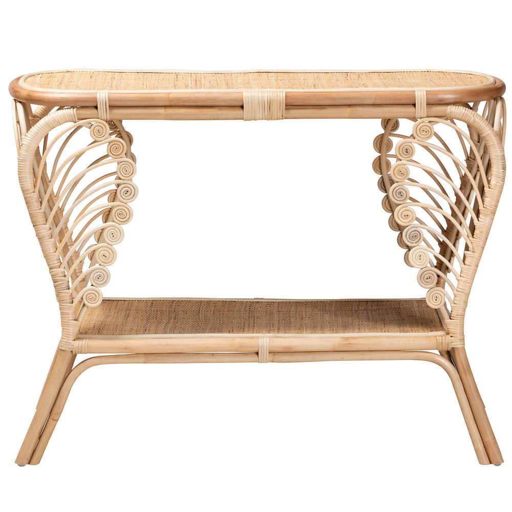 English Elm Bohemian Hand-braided Rattan Side Table with Open Shelf for Warm Organic Interiors B2750P467661