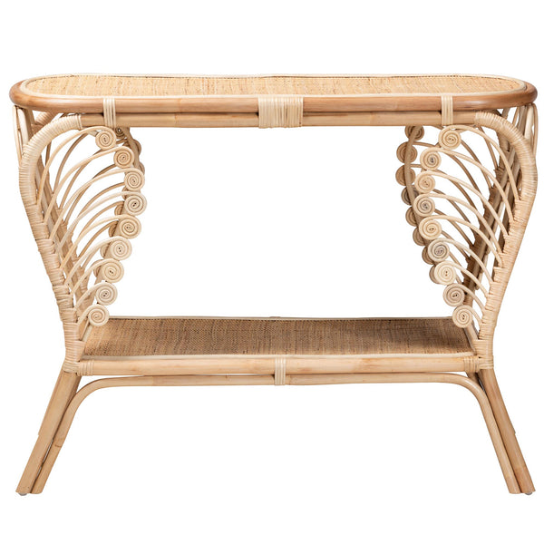English Elm Bohemian Hand-braided Rattan Side Table with Open Shelf for Warm Organic Interiors B2750P467661