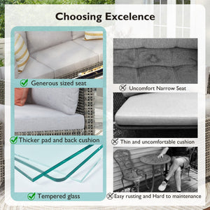 English Elm K&K 8-Piece Patio Conversation Set with 43" 60,000 BTU Propane Fire Pit, UV Wicker & Thick Cushions Grey N707S000012G